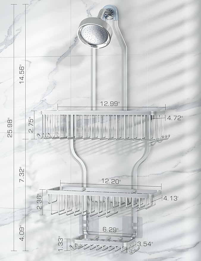 YASONIC Never-Rust Aluminum Hanging Shower Caddy – Over-the-Showerhead Organizer with 10 Hooks for Razor and Sponge – Includes Soap Basket – Silver