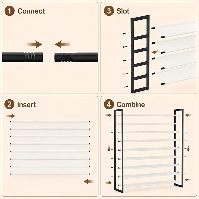8-Tier Tall Shoe Rack, Stackable Zero-Wobble Metal Frame with Screw-Fastened Joints, 11.8" Deep Heel-Friendly Non-Woven Shelves, Space-Saving Shoe Tower for Closet Entryway Bedroom