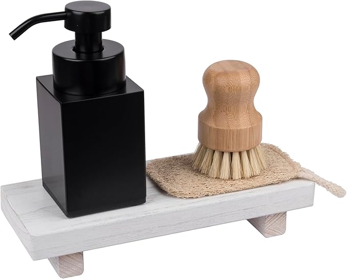 zoocatia Small Wood Tray Pedestal Stand Farmhouse Bathroom Decor Decorative Wooden Riser Kitchen Soap Dish Holder for Vanity, Counter, Sink, White