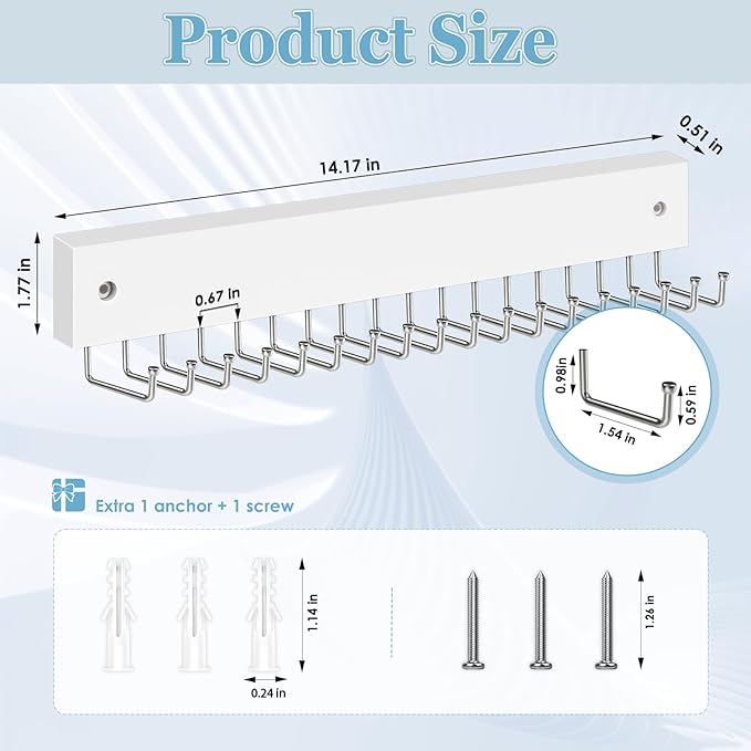 Tie Rack Belt Hanger Wall Mounted, Lomrsiul Non Slip 180 Degree Rotating Tie Organizer for Men Closet with 18 Hooks Closet Organizers and Storage for Tie Belt Necklace Purse Scarf Bag White 1 Pack