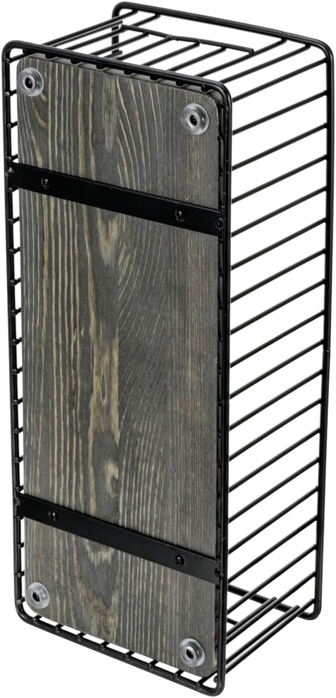 MyGift Modern Bathroom Storage Basket, Black Metal Wire Toilet Paper Holder with Vintage Gray Solid Wood Base, Toilet Tank Organizer Tray with Handles