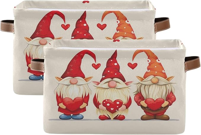 Large Storage Basket Gnomes Hold Hearts Storage Bin Cube Canvas Fabric Organizer Handles Collapsible for Clothes Toys Bedroom Decorative