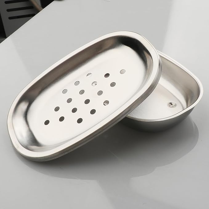 Stainless Steel Soap Dish with Double Layer Draining for Bathroom, Chrome Brushed Nickel Soap Box with Drainage, Shower Countertop Tray (Dots)