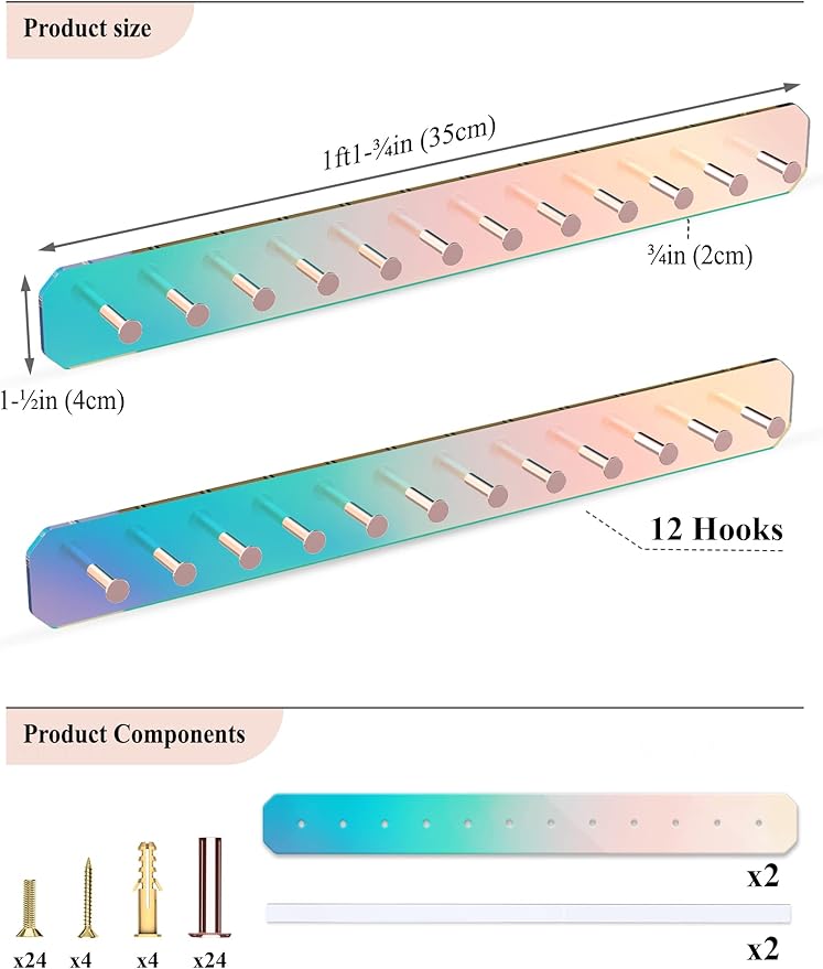 NiHome Wall Mount Acrylic Jewelry Organizer 2-Pack, Durable Sleek Rack Strong Carbon Steel Hooks for Dressing Table, Bathroom, Kitchen, Hassle-Free Installation Multiple Mounting Options (Iridescent)