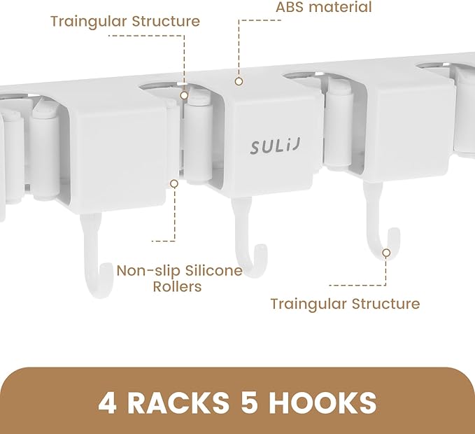 2Pcs Broom Holder Wall Mount, No-Drilling Self-Adhesive Mop and Broom Storage Rack with Hooks (4 Racks with 5 Hooks), Wall-Mounted Broom Hanger for Bathroom, Kitchen, Closet, Garage (White )