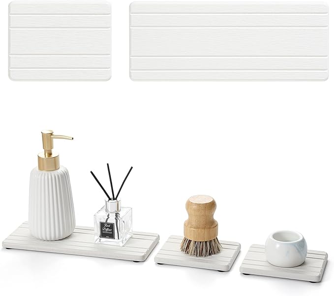 3 Pack Stone Drying Tray, Water Absorbing Stone Sink Mat for Kitchen & Bathroom Counter, Diatomite Soap Dish Vanity Caddy, Sponge Holder Organizer, White - 2pcs of 4.5"x 3.5" and 1pc of 9"x 3.5"