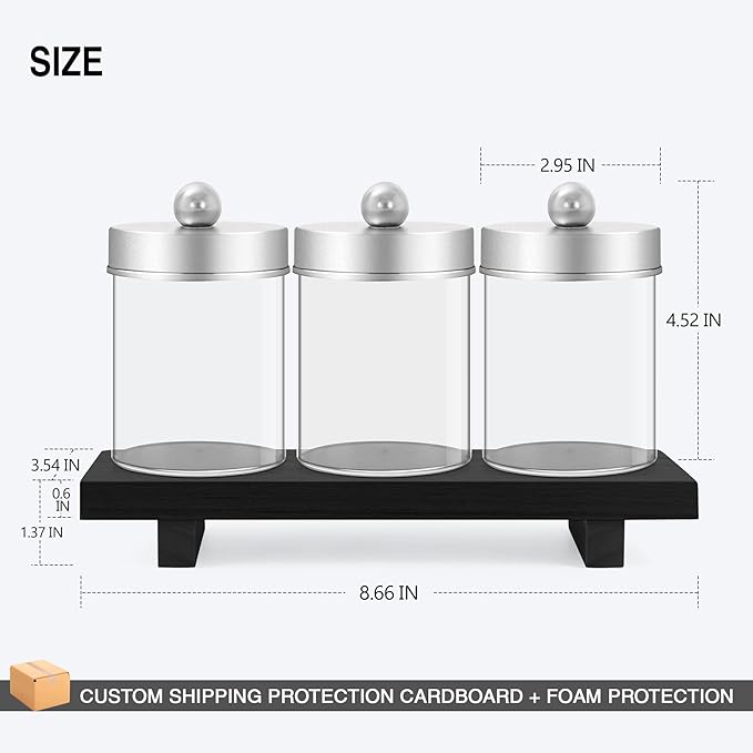 3 Pcs Qtip Holder,Clear Apothecary Jars with Wooden Tray for Cotton Balls,Swabs,Farmhouse Decor Bathroom Vanity Organizers Accessories for Makeup Brushes,Lipstick Storage (Silver)