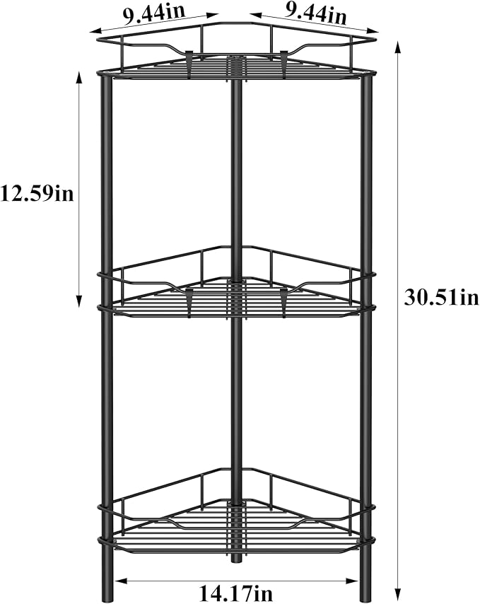 HuggieGems 3 Tier Floor Standing Corner Shower Caddy Organizer Shelf with Hooks, Bathroom Shelves Stand Rack, Black