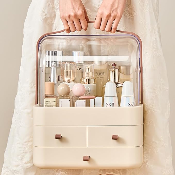 Makeup Organizer, Dustproof Cosmetic Storage Box with Portable Handle & Fully Open Waterproof Lid for Bathroom Countertop Bedroom Dresser(Cream White)