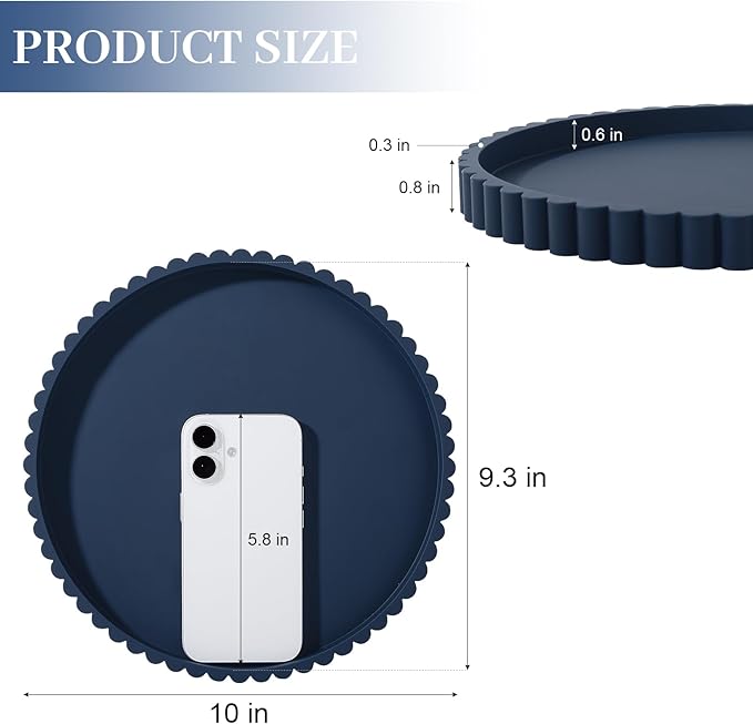 Round Bathroom Tray Silicone Kitchen Counter Decor Vanity Organizer Decorative Coffee Table Tray for Perfume, Candle, Soap Dish, 10 Inch, Dark Blue