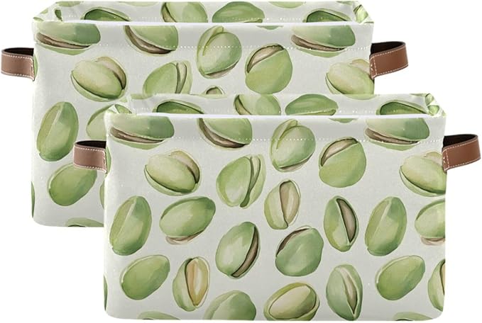 Large Storage Basket Pistachios Watercolor Green Storage Bin Cube Canvas Fabric Organizer Handles Collapsible for Clothes Toys Bedroom Decorative