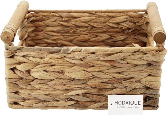 Storage Basket made by Water Hyacinth with Wood Handles, Arts and Crafts. (Large) Natural