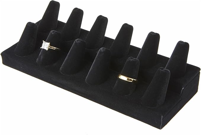 Plymor Black Velvet 2-Tier Ring Finger Display, Twelve on Rectangular Base, 8.125" W x 3.25" D x 2.5" H (Pack of 3)