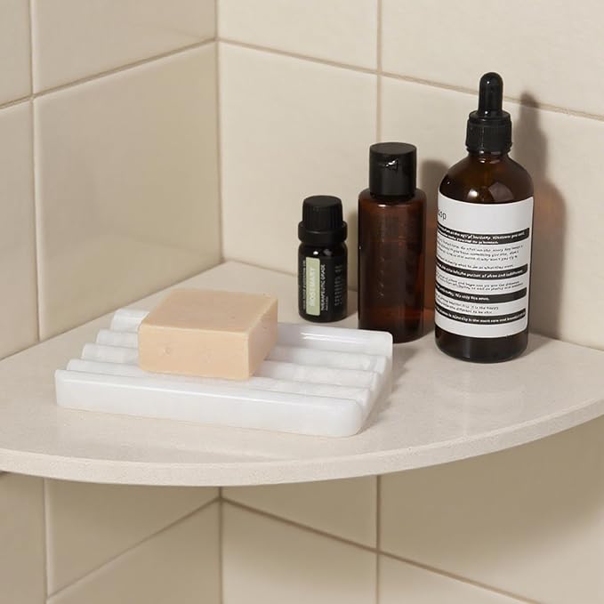 Koville African Natural Marble Soap Dish for Shower, Stone Soap Tray for Bathroom, Bar Soap Holder for Sink, Stripe Grooves Soap Saver Stone Dish Keep Bars Dry Easy Clean (Namib Bianco)