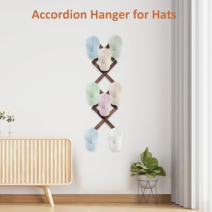 Accordion Wall Hanger, Hat Rack for Wall with 14 Coat Hooks, Expandable Hat Hangers Organizer, Vintage Decorative Coat Rack Wall Mount for Purse, Mug (Brown)