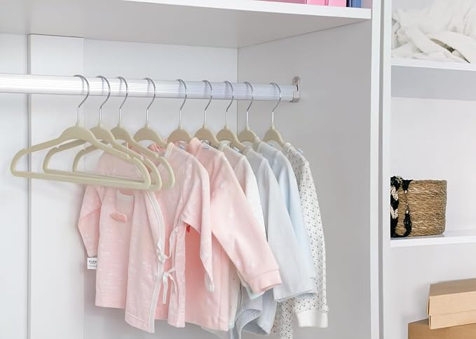 ManGotree 11" Baby Velvet Hangers, Non-Slip Infant Coat Hangers, Ultra-Thin Toddler Felt Hanger with 360° Swivel Hook, Space Saving Children's Hanger for Kids Clothes, 48 Pack (Beige)