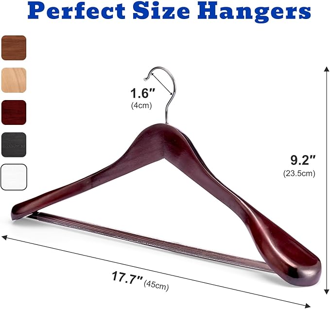 HOUSE DAY Wood Suit Hangers for Men, Wide Shoulder Wooden Hangers with Non Slip Pants Bar, Smooth Retro Finish 360° Swivel Hook Solid Wood Coat Hangers for Heavy Clothes Hanger 6 Pack (Cherry Wood)