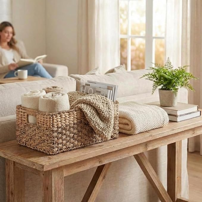 Medium Wicker Storage Baskets with Handles, Natural Seagrass and Hyacinth Woven Storage Basket for Organizing Shelves, Bedroom, Pantry, Rectangular, 15.5 x 9.5 x 6.5 Inches