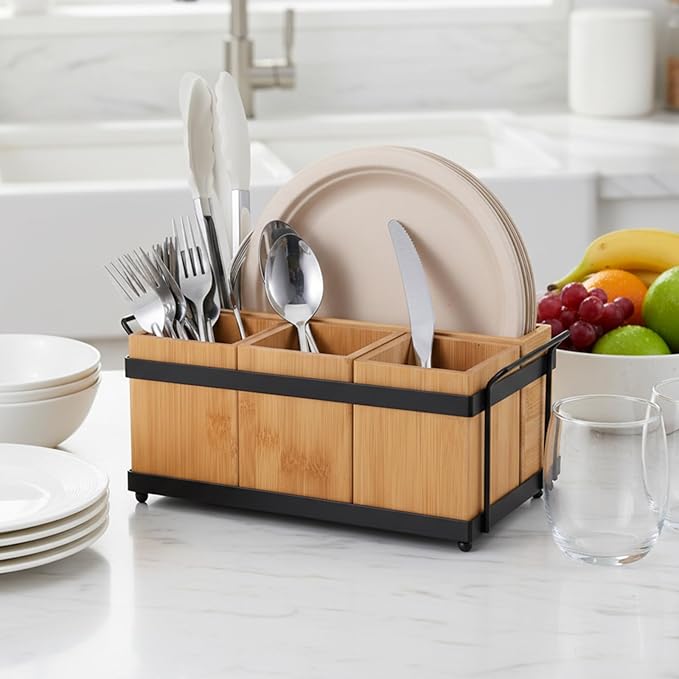 Silverware Caddy Utensil Holder for Party Countertop, Wood Cutlery Flatware Organizer Box Holder Paper Plate Dispenser with 4 Compartments Portable Handle for Spoons Forks Plates Napkins