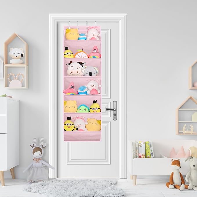 SLEEPING LAMB Over The Door Shoe Rack with Large Deep Pockets, Kids Shoe Organizer for Closet Door, Narrow Hanging Boots Storage, Pink