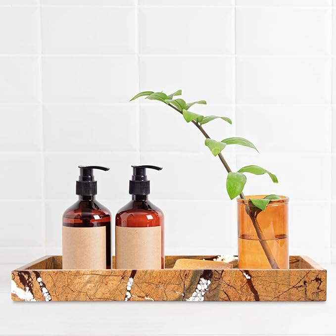 Marble Bathroom Vanity Tray, Natural Luxury Vanity Home Kitchen Bathroom Table Tray, Stone Decorative Countertop Dresser Trays for Key Coffee Perfume Jewelry Makeup (Rainforest Brown, 12"x 8" x1.2")