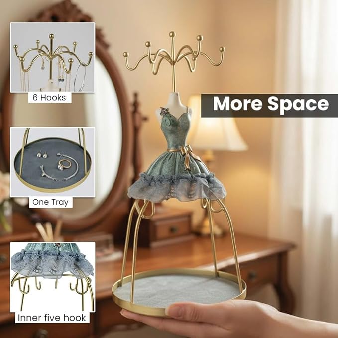 Go Hooked Doll Dress Jewelry Holder Stand | Jewelry Organizer Stand with Hooks for Necklaces, Earrings, Bracelets & Rings | Decorative Jewelry Storage Display for Dressing Table Bedroom Gifting (Grey)