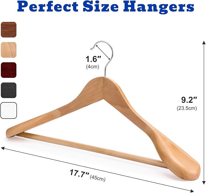 HOUSE DAY Wide Shoulder Wooden Hangers, Suit Hangers with Non Slip Pants Bar, Smooth Finish 360° Swivel Hook High-Grade Solid Wood Coat Hangers for Dress, Jacket, Heavy Clothes Hanger 6 Pack (Natural)