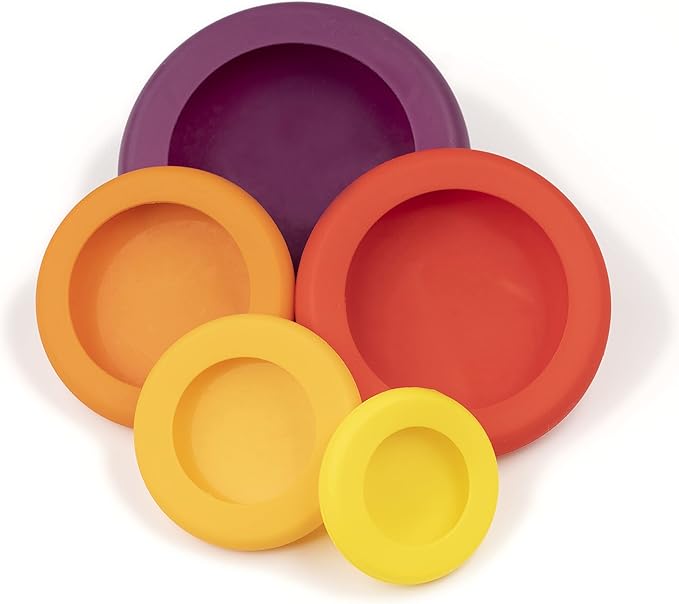 Food Huggers 5pc Reusable Silicone Food Savers | BPA Free | Plastic Free Food Storage | Dishwasher Safe | Fruit & Vegetable Storage for Onion, Tomato, Lemon, Banana & Cans | Round, Autumn Harvest
