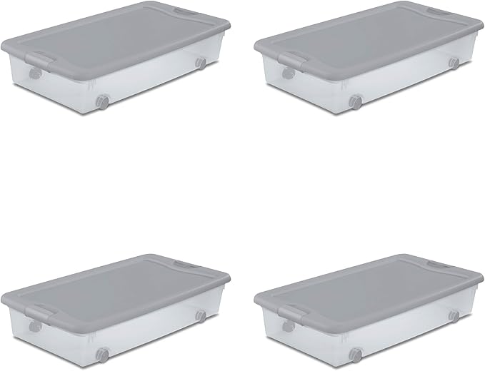 Sterilite 4-Pack 56 Quart Wheeled Latching Box, Underbed Plastic Storage Organizer, Silver - Under Bed Rolling Container Bin with Lid and Wheels for Home or Dorm Bedrooms and Closets