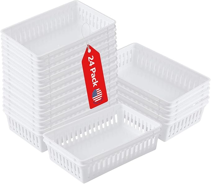 Tribello Plastic Bin Baskets for Organizing, White Storage Tray, Rectangle 9 x 6 x 2 - Pack of 24 - Made in USA (24 Pack)
