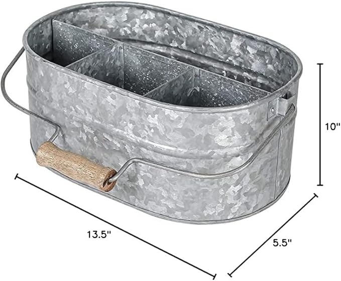 Goroly Home Galvanized Metal Caddy Storage Bin with Wooden Handle, 4 Compartments, Rustic Farmhouse Decor for Kitchen, Garden, Patio, Laundry Room (Antique Grey)