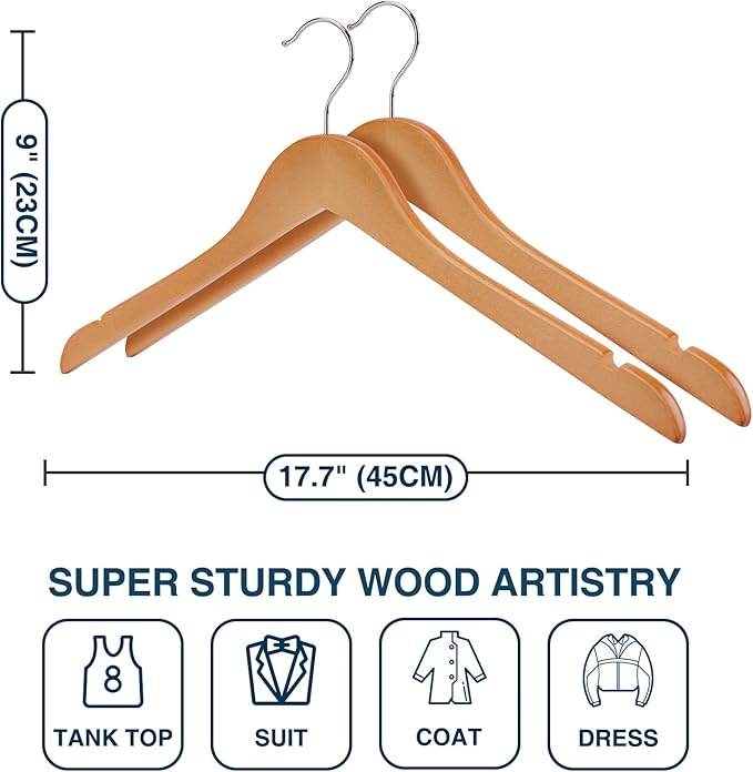 Wooden Shirt Hangers - Pack of 30 Sturdy Wood Hangers, Ideal for Laundry & Everyday Use, Heavy Duty, Natural