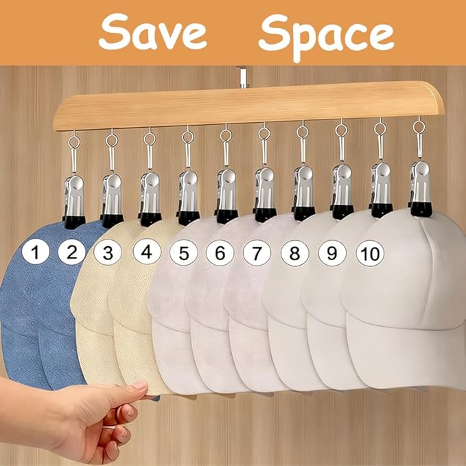 8 Pack Hat Hangers Bulk for Closet Display, Wooden Hat Storage Organizer with 80 Metal Clips for Baseball Caps, Summer Hat Rack for Beanie, Skullies, Visors, Walnut Brown Color
