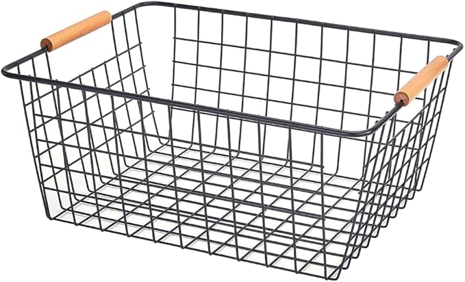 LeleCAT Large black wire basket for Organizing with Wooden Handles,pantry refrigerator organizers and storage,Snack Storage Baskets for Cabinets, Closets, Bedrooms, kitchen -2pack(Black)