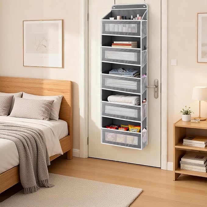 Over The Door Storage Organizer with 5 Extra Large Pockets & Side Mesh Pouches, Hanging Closet Door Organizer for Bedroom, Pantry, Nursery, Anti-Tilt Design, Fits 1.6" Doors-Dark Gray