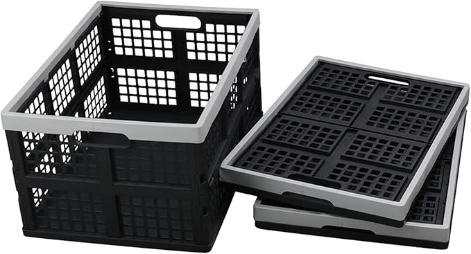 Kekow 3-Pack Black Plastic Collapsible Storage Basket, 42 L Folding Crates Storage