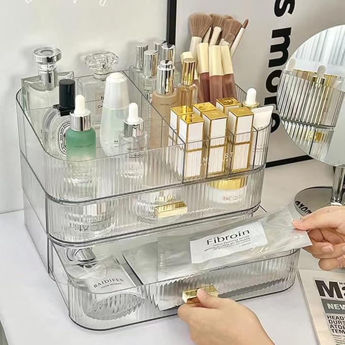 Makeup Organizer with Stackable Drawers, Bathroom Vanity Organizers and Storage, Ideal for Desk and Dresser Countertops, Great for Cosmetics, skincare, Lipsticks, Nail Care -Clear