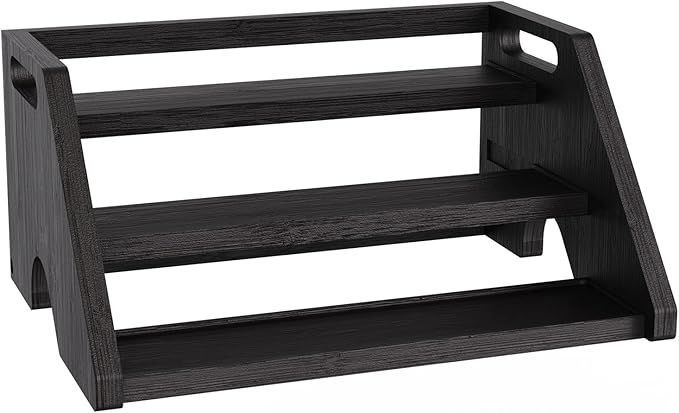 Bamboo Spice Rack Organizer -3-Tier Spice Rack for Countertop,Cabinet Spice Rack Organizer for 18 Spice Jars(4oz),Step Shelf(black)
