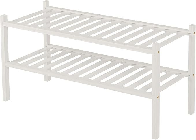 ROMGUAR CRAFT 2 Tier Bamboo Shoe Rack for Closet Free Standing Wood Shoe Shelf for Entryway Small Space Stackable 27"x11"x13" (White)
