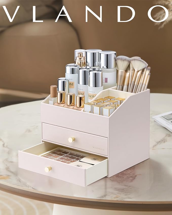 VLANDO Makeup Organizer,Skincare Organizer for Vanity,PU Leather Make up Organizer with Drawers Cosmetic Display Case for Countertop,Perfume,Gifts Ideas for Women (Apricot White)