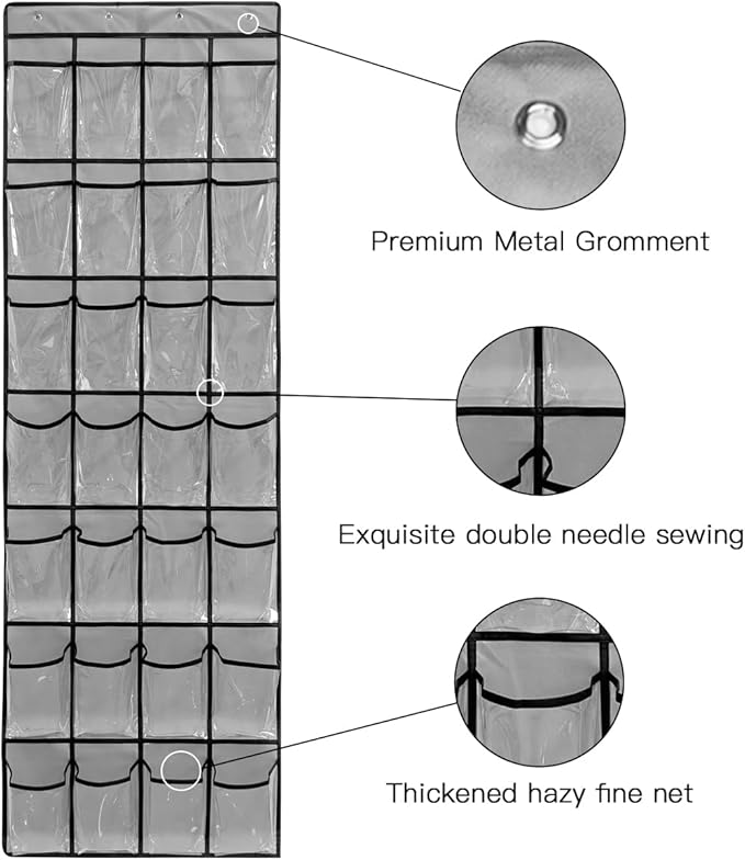 28 Large 1 Pack Transparent Pockets Over The Door Shoe Organizer Sturdy Hanging Shoe Rack for Door Closet Sneakers or Accessories, 4 hooks(Grey&Black)