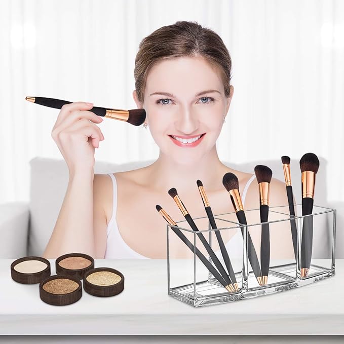 Clear Makeup Brush Organizer, Premium Acrylic Makeup Brush Holder Organizer 3 Compartments, Makeup Brush Display Holder Cosmetic Storage