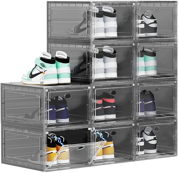 Large Clear Plastic Shoe Boxes Stackable, 10 Pack Drop Front Shoe Storage Box 0rganizer, Sneaker Storage Shoe Containers Display Case for Size 12 (Ash 10pack)
