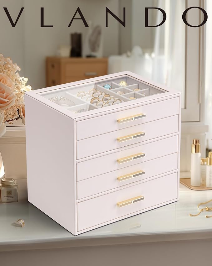 VLANDO 5 Layer Jewelry Box for Women, Glass Lid Jewelry Organizer with 5 Drawers for Necklaces Rings Earrings Bracelets - Light Pink