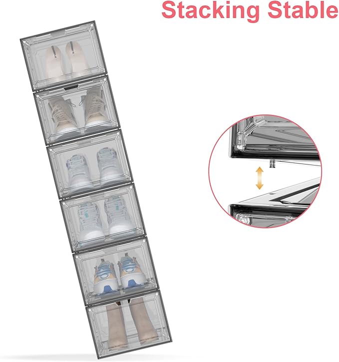 Shoe Box,Set of 6,Stackable Plastic Clear Shoe Box Organizer with Magnetic Door,Shoe Storage Box Thicken Sturdy,Easy Assembly,Fit up to US Size(Front opening door, Black)