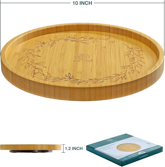 Bamboo Lazy Susan Turntable Organizer 10", Decor Your Kitchen with Elegant Engraved Patterns, Effortless Spinning with Big Roller, Ideal for Cabinet, Pantry, Countertop, and Table Organization
