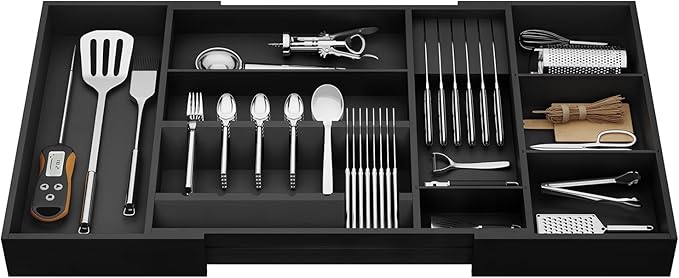 Bamboo Silverware Drawer Organizer, 17.72-29.53 Inch Expandable Large Kitchen Drawer Organizer, 5-8 Slot Flatware with Removable Card Slots & Knife Block for Spoon Butter Knive, Black