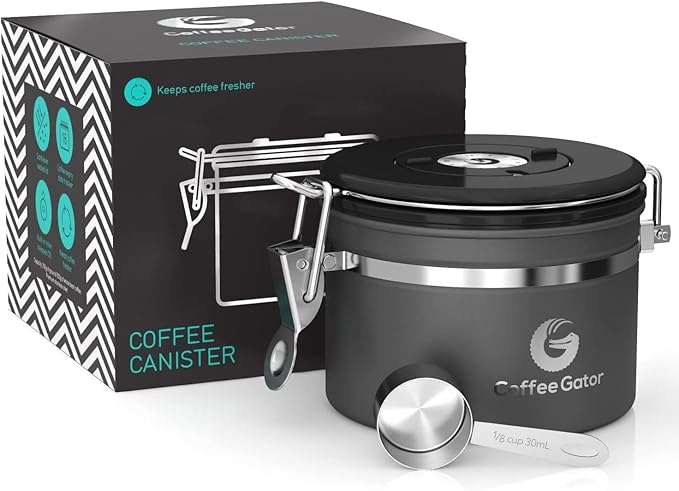 Coffee Gator Coffee Canister, 11oz Airtight Stainless Steel Kitchen Food Storage Container with Date-Tracker, CO2-Release Valve and Scoop for Beans, Grounds, Sugar, Cookies Jars, Tea, Cereal - Gray