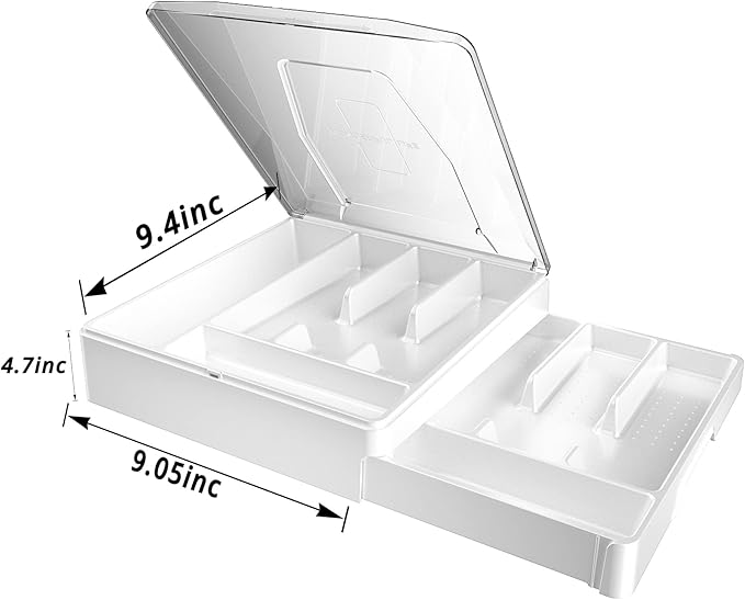GoCozy Silverware Organizer with Lid, 9 Compartments Flatware Organizer, Plastic Utensil Holder for Countertop, Silverware Tray for Drawer, White