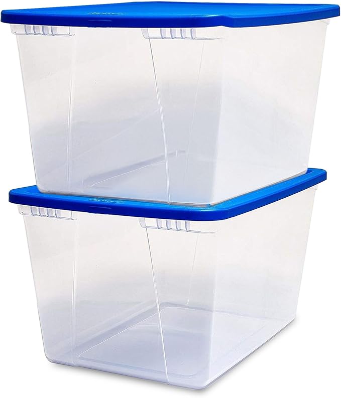 HOMZ 2-Pack Snaplock, Large Clear Plastic Storage Organizer Bins w/Lids, 56 Quart, Blue - Stackable Container Boxes for Bedroom, Bathroom, Garage, and Office Organization